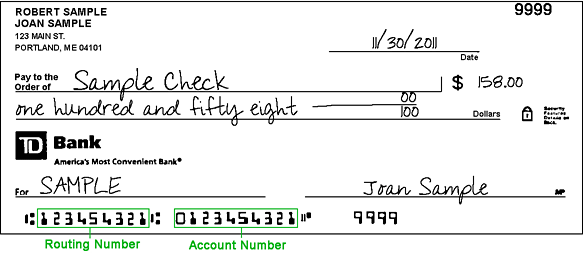 TD Bank Routing Number on Bank's Check
